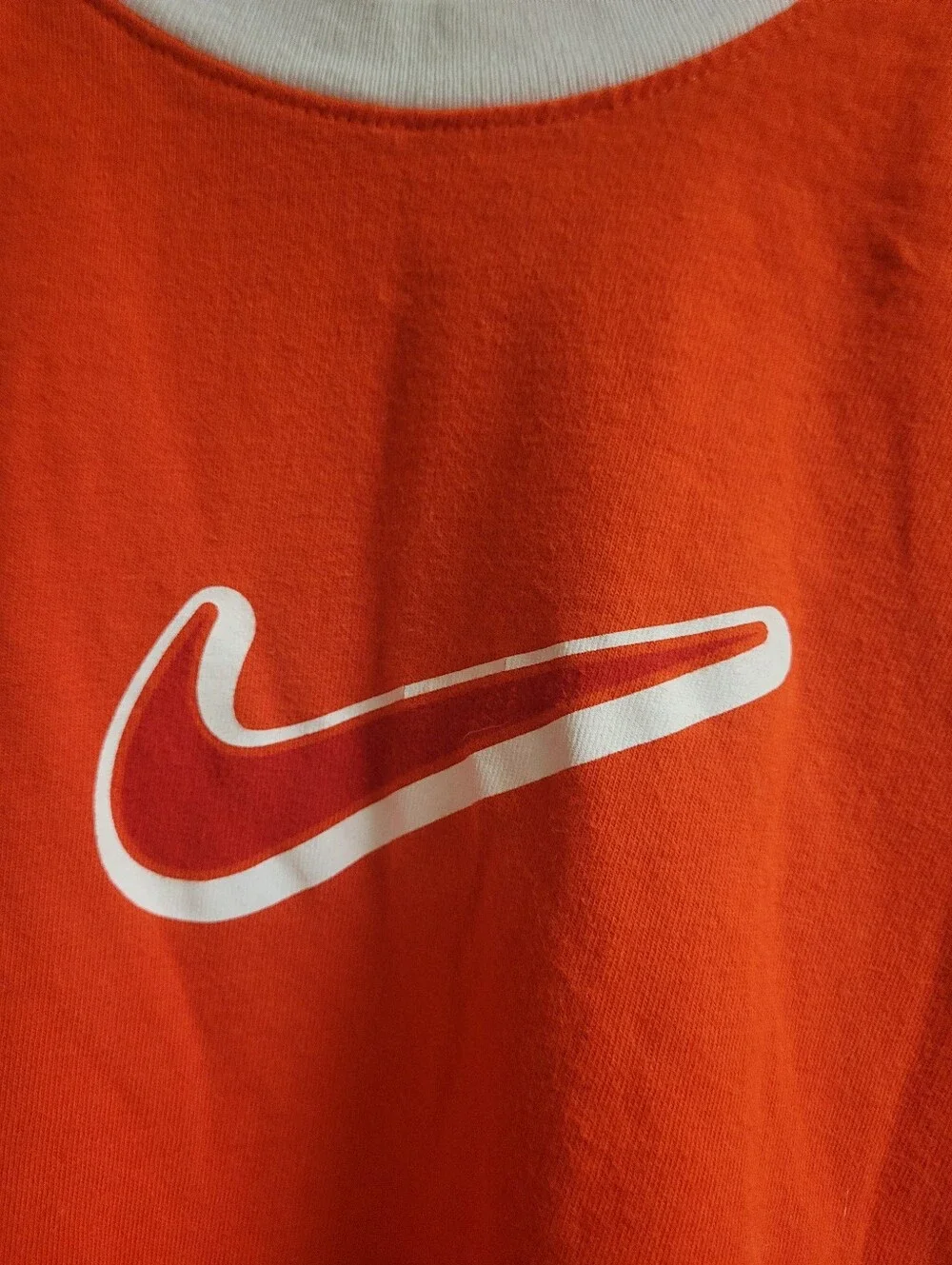Vintage 90s NIKE Ringer T-Shirt CENTER SHWOOSH Racing Stripes Orange Adult LARGE